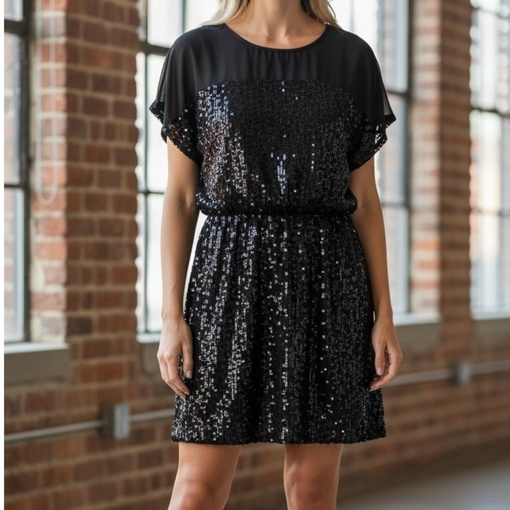 Angie Womens S NWT Sequins Cocktail Holiday Party Black Dress Illusion Cocktail